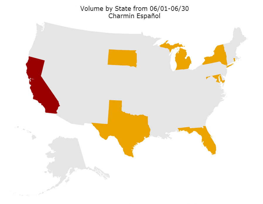 The map displays the states that led in Hispanic conversation about Charmin.  California was top while Texas, Florida and others were not far behind.