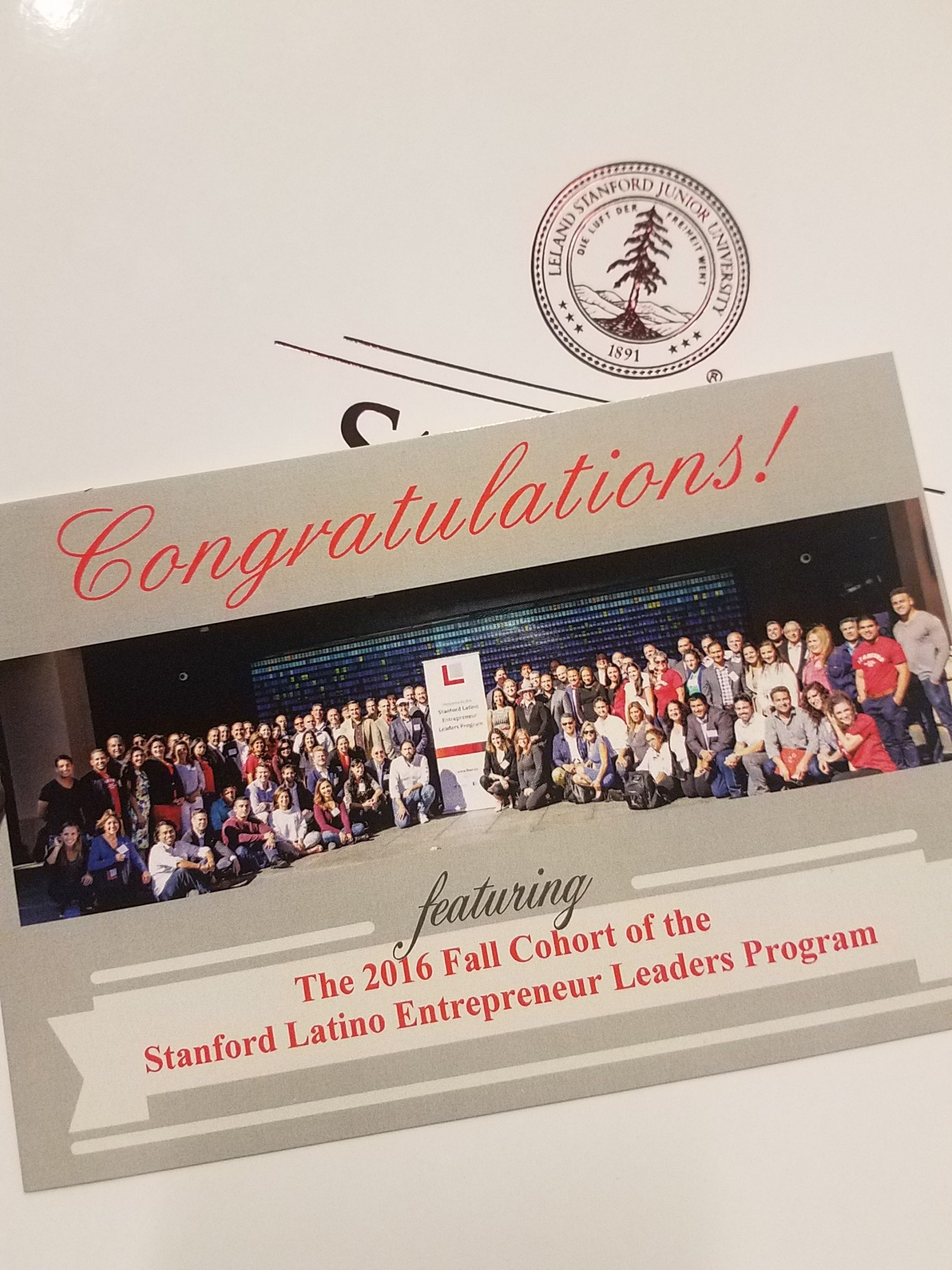 The certification of completion from the Stanford Latino Entrepreneur Leaders Program